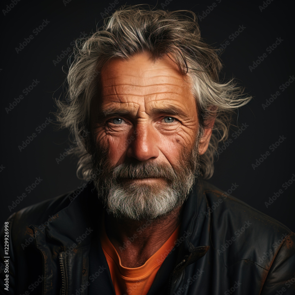 Portrait of a weathered man with expressive eyes and a rugged beard in a dark setting Portrait of a weathered man with expressive eyes and a rugged beard in a dark setting