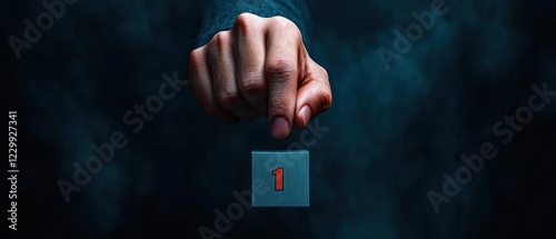 A hand points to a square block with the number 1, set against a dark, moody background.