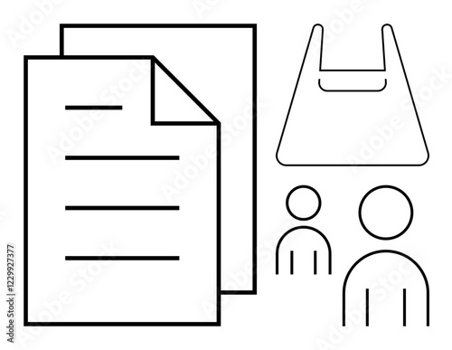 Simple black-and-white line drawings of paper sheets, a shopping bag, and two human figures. Ideal for concepts thumbs up communication, commerce, teamwork, documentation, consumerism