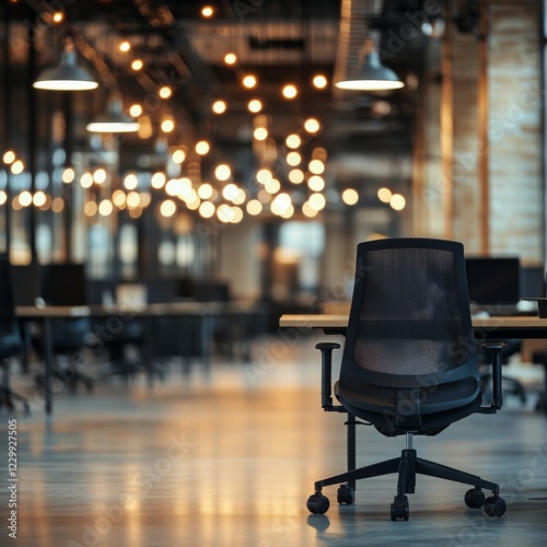 Blurred empty open space office.
Abstract light bokeh at office interior background for design. photo