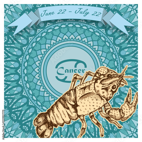 Cancer horoscope sign on an openwork background with a ribbon on top and dates. Mix of styles. Poster, decorative panel or other. Vector illustration
