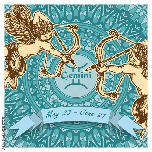 Gemini horoscope sign on an openwork background with a ribbon on top and dates. Mix of styles. Poster, decorative panel or other. Vector illustration