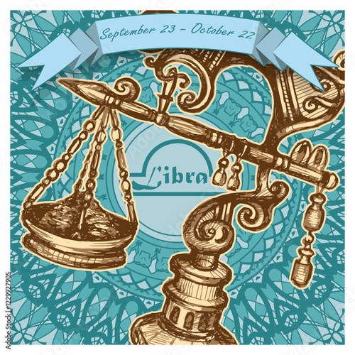 Libra horoscope sign on an openwork background with a ribbon on top and dates. Mix of styles. Poster, decorative panel or other. Vector illustration
