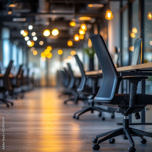 Blurred empty open space office.
Abstract light bokeh at office interior background for design. photo