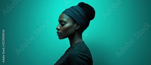 A profile of a woman with a head wrap against a teal background, conveying elegance and strength.