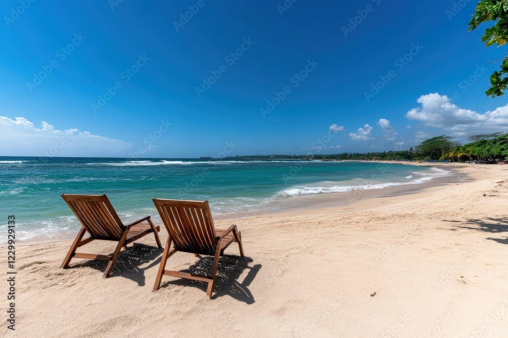Two wooden beach chairs sit invitingly on a sandy shore, offering a perfect spot to relax and soak in the breathtaking tropical view of the azure ocean and sky. Two wooden beach chairs sit invitingly on a sandy shore, offering a perfect spot to relax and soak in the breathtaking tropical view of the azure ocean and sky.