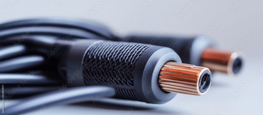 Close-up of High-End Audio Cables with Copper Connectors, exhibiting superior craftsmanship and sleek design Close-up of High-End Audio Cables with Copper Connectors, exhibiting superior craftsmanship and sleek design