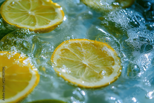 A close up of a few slices of lemon floating in a glass of water photo