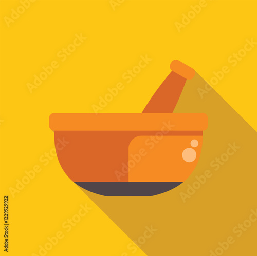 Orange mortar and pestle preparing medicine, spices, or other ingredients, featuring a minimalist flat design with long shadow