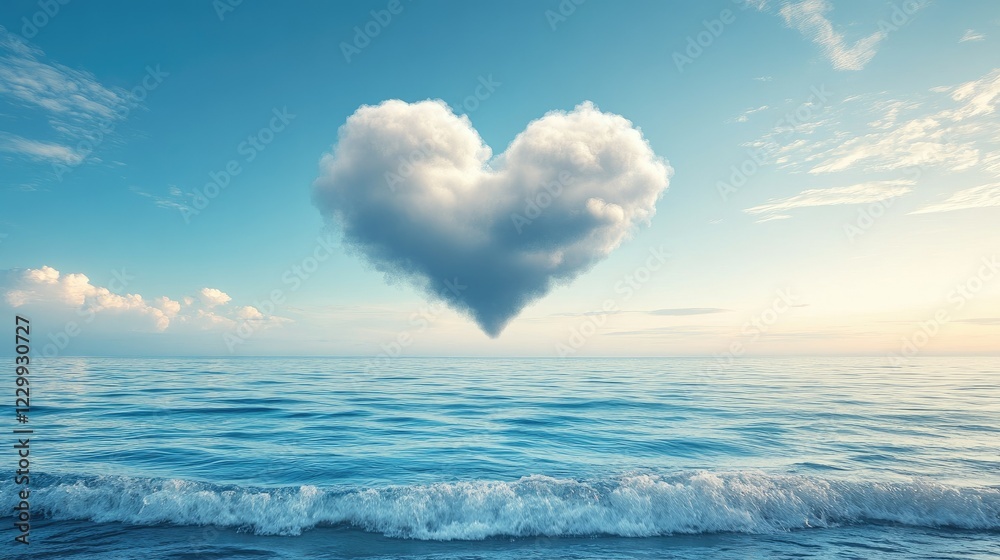 Obraz premium A heart cloud floating over a calm ocean horizon with gentle waves below.