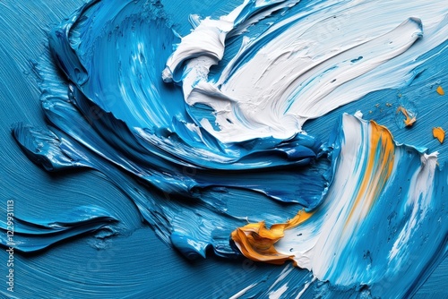 This abstract artwork features vivid swirls of blue, white, and orange paint, exemplifying fluidity and creativity while evoking emotions related to artistry and expression.
