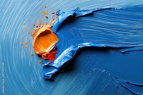 A stunning abstract piece celebrates a vibrant splash of orange paint against blue, creating a visual representation of spontaneity, energy, and artistic creativity. photo