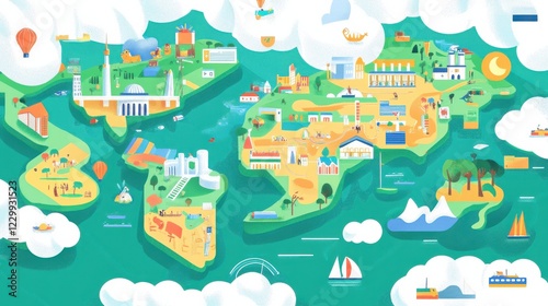 Colorful Illustrated Map of an Imaginary Asian Landscape with Landmarks