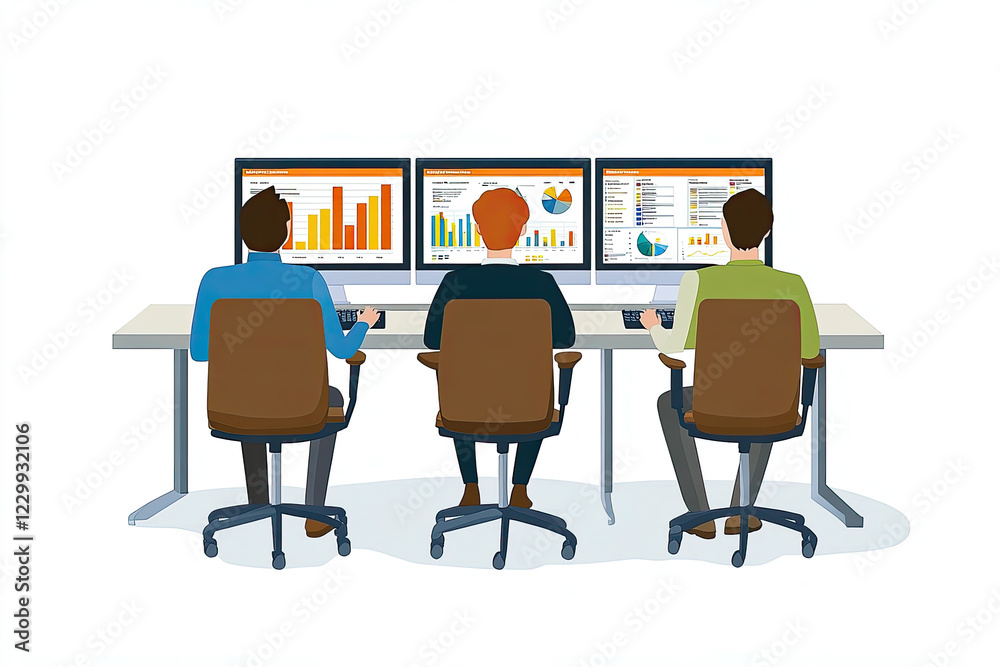 Office Team Analyzing Data and Charts on Multiple Monitors Office Team Analyzing Data and Charts on Multiple Monitors