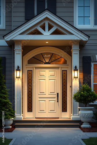 Elegant Home Entrance at Night: Modern Architectural Design and Landscaping