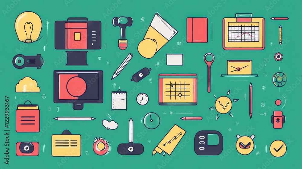 Fototapeta premium Colorful Office Workspace Icons on Green Background for Business Use