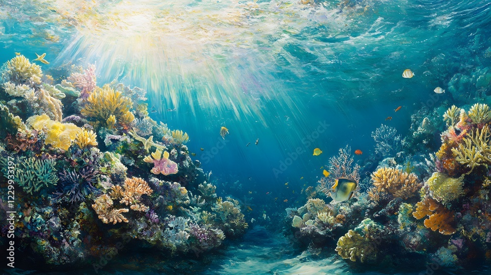 Naklejka premium Vibrant Coral Reef Landscape Underwater with Sunlight Rays
