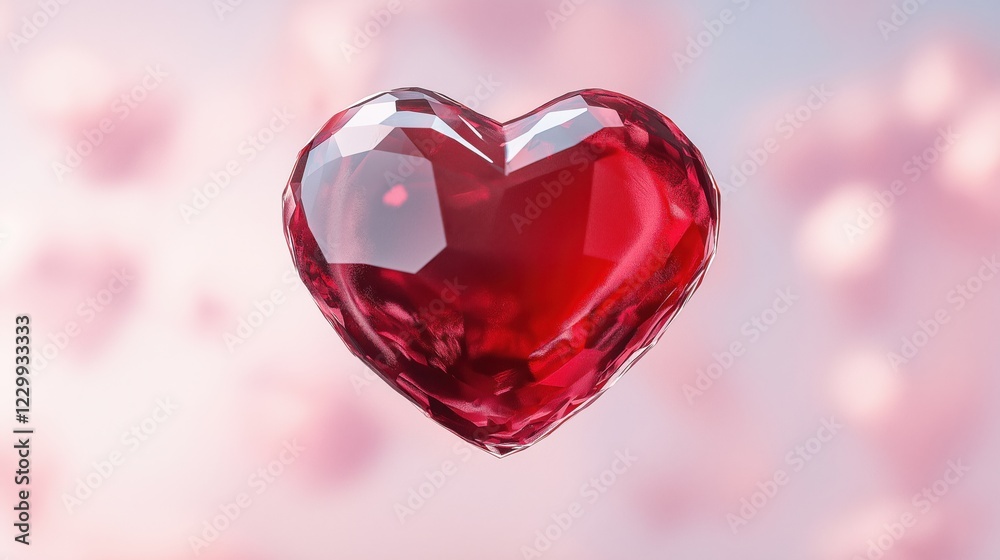 Sparkling red heart shaped gem floating softly against a pastel background with blurred pink tones. Sparkling red heart shaped gem floating softly against a pastel background with blurred pink tones.