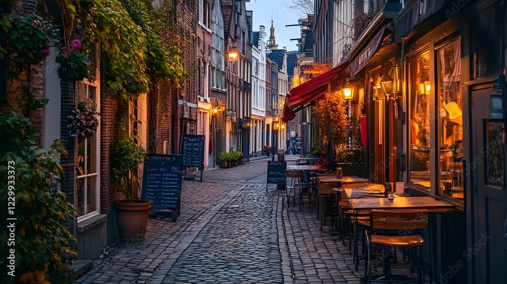 Charming Cobblestone Street with Twinkling Lights at Dusk Charming Cobblestone Street with Twinkling Lights at Dusk