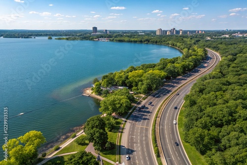 Aerial View of Lake Calhoun Minneapolis Roadway, Scenic Summer Landscape photo