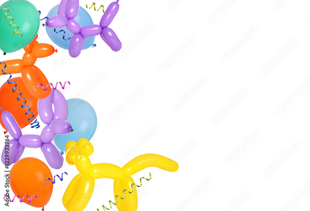 Obraz premium Bright balloons and party streamers on white background