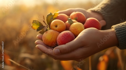Fototapeta Naklejka Na Ścianę i Meble -  Close-up of hands holding fresh fruits and vegetables, showcasing a bountiful harvest. A blurred sunny farm field in the background emphasizes natural and organic farming