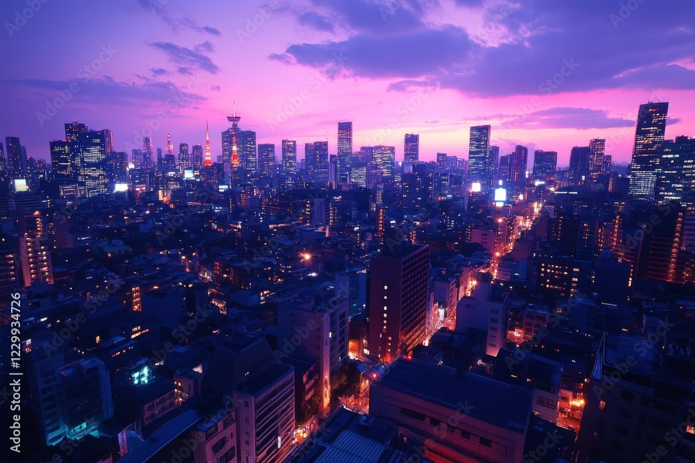 City skyline at sunset with vibrant lights City skyline at sunset with vibrant lights
