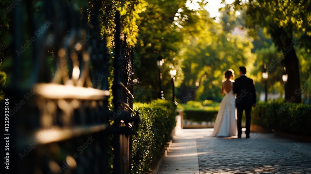 Fototapeta premium Newlyweds Stroll Through a Sun-Drenched Garden Path