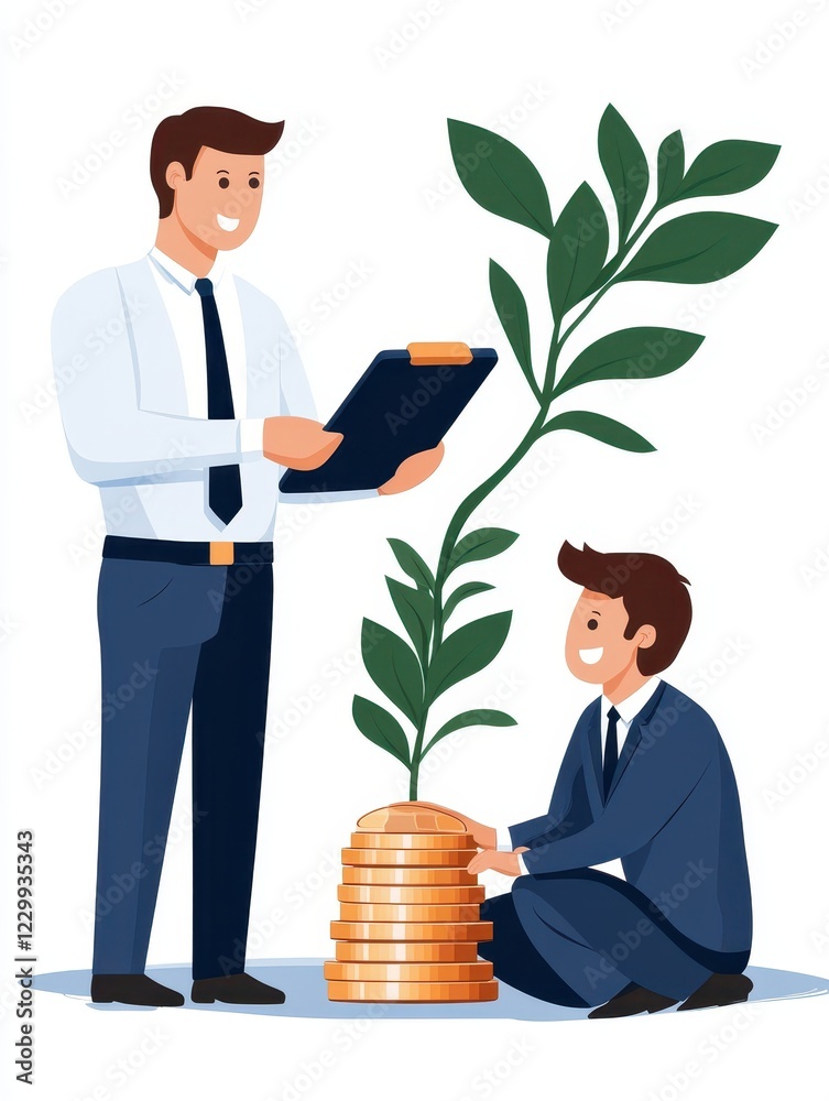 Businessmen Analyzing Growth with Financial Success and Plant Symbolism Businessmen Analyzing Growth with Financial Success and Plant Symbolism