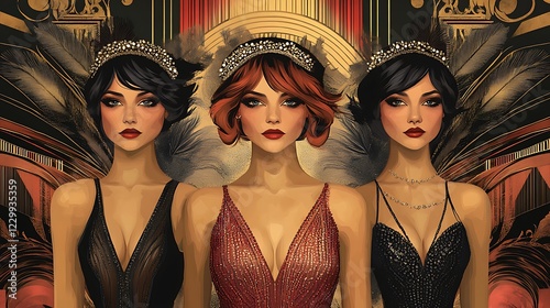 Embrace the opulence of Art Deco fashion with this captivating illustration. Flappers donning beaded dresses and feathered headbands exude chic style and the liberated spirit of the 1920s. Geometric 