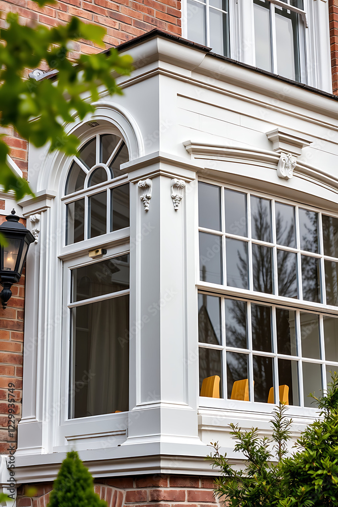 Fototapeta premium Elegant Victorian Bay Window: Architectural Detail and Design in a Classic Brick Home