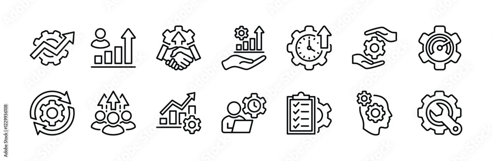 Gear settings and setup thin line icon set. Contains optimization, improvement, increasing cooperation in business, time management, work speed, maintenance, growth up, list job, development, progress Gear settings and setup thin line icon set. Contains optimization, improvement, increasing cooperation in business, time management, work speed, maintenance, growth up, list job, development, progress