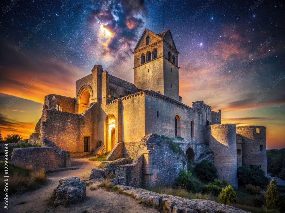 Fototapeta premium Dark, starlit skies cloak Montmajour Abbey's weathered stones, a haunting French Provence night scene.