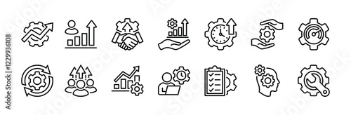 Gear settings and setup thin line icon set. Contains optimization, improvement, increasing cooperation in business, time management, work speed, maintenance, growth up, list job, development, progress