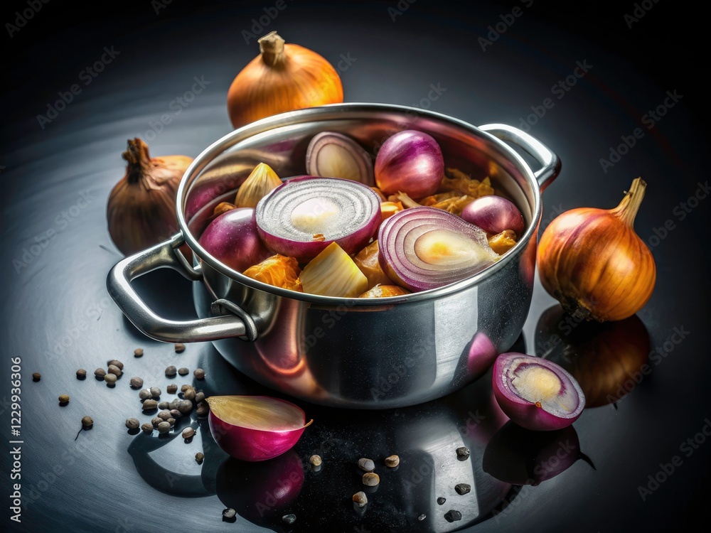 Deep-fried onion rings, perfectly golden, in a silver pot. Black background, high-depth-of-field food photography. Deep-fried onion rings, perfectly golden, in a silver pot. Black background, high-depth-of-field food photography.