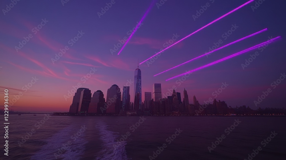 Fototapeta premium Pink laser beams over Manhattan skyline at sunset.
