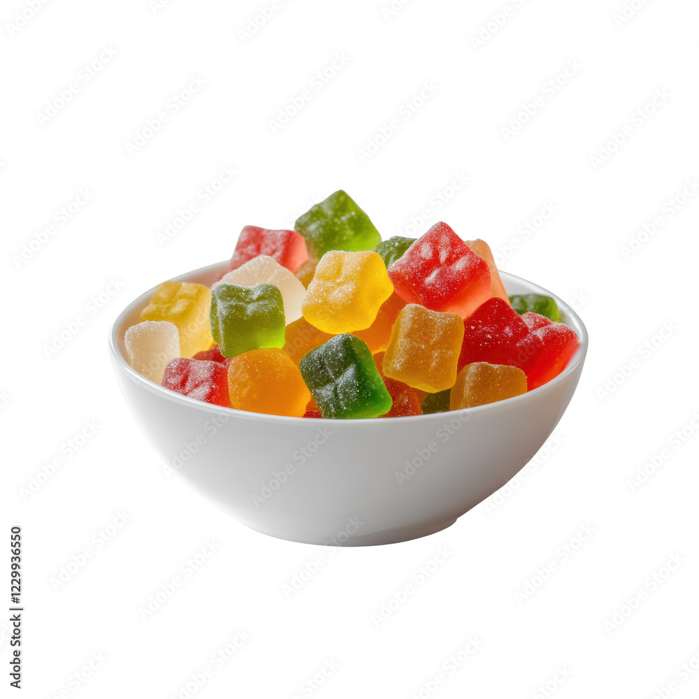 Colorful gummy candies in white bowl isolated on transparent background Colorful gummy candies in white bowl isolated on transparent background