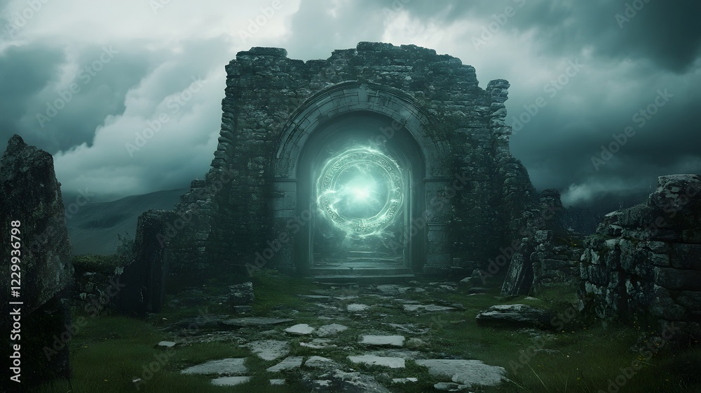 Fototapeta premium Enigmatic Portal Surrounded by Ancient Ruins Under Dark Skies