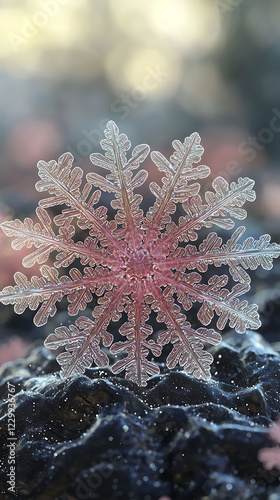 Stunning closeup of a delicate, pinkhued snowflake resting on a dark, textured surface.  Perfect for winter themes, holiday cards, or natureinspired designs. photo