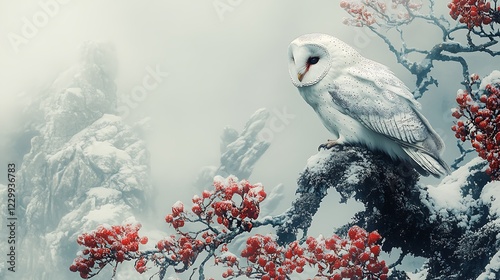 Enigmatic barn owl perched on a gnarled tree branch, exuding wisdom and mystery, vector graphic, white background ::2 nocturnal sentinel, ghostly appearance, ancient knowledge, animated, simple 