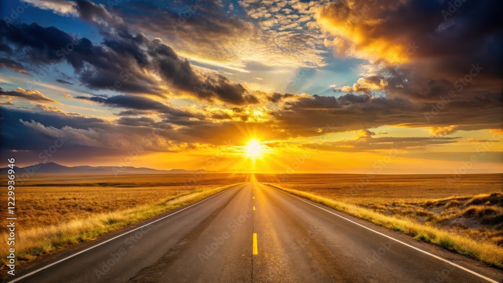 Naklejka premium Golden sunset on a vast steppe road at dusk, evening landscape, vast landscape, evening landscape