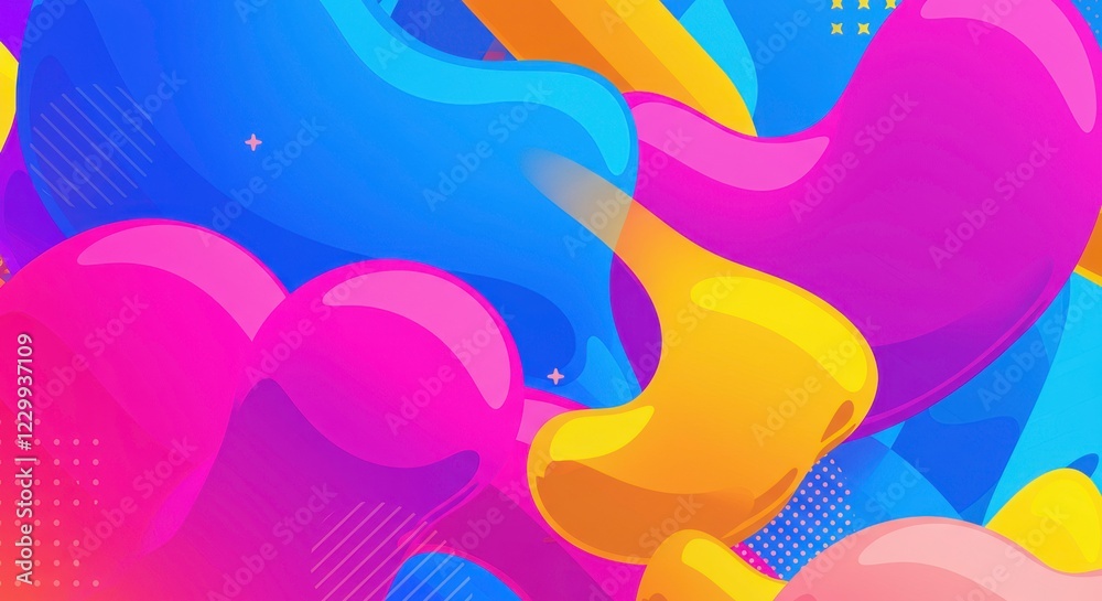 Abstract Fluid Shapes: A vibrant and energetic abstract background featuring fluid shapes in bright, bold colors - blue, pink, yellow, and orange - set against a geometric pattern. Abstract Fluid Shapes: A vibrant and energetic abstract background featuring fluid shapes in bright, bold colors - blue, pink, yellow, and orange - set against a geometric pattern.