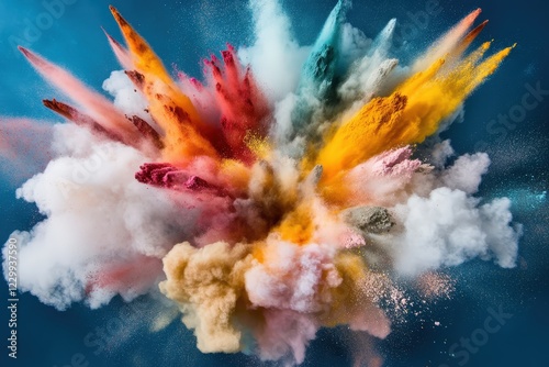 A vibrant explosion of colors and powders against a blue background, symbolizing creativity and energy, bringing a dynamic and lively essence to the visual experience.