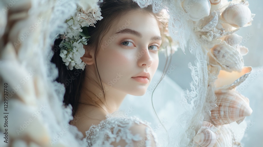 Serene Seashell Bride: A Dreamy Portrait of Elegance Serene Seashell Bride: A Dreamy Portrait of Elegance