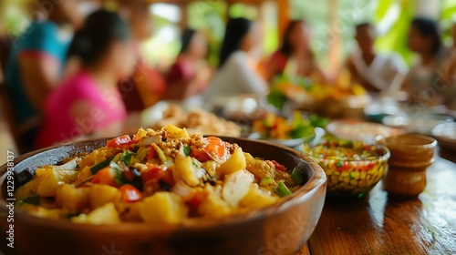 Close-up of a traditional Ugadi dish on a wooden table, capturing rich textures and flavors. A blurred family gathering in the background adds warmth and festivity photo