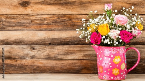 Wallpaper Mural Colorful Floral Arrangement in Pink Pitcher on Rustic Wooden Background Torontodigital.ca
