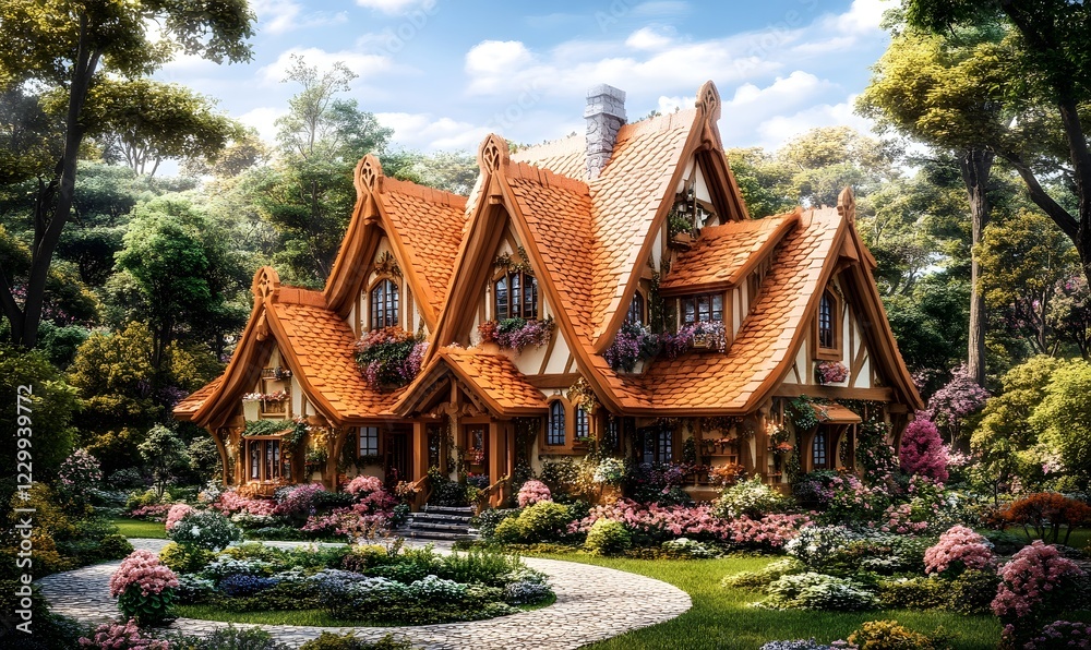 Obraz premium Fairytale Cottage in Lush Forest; Spring Blooms