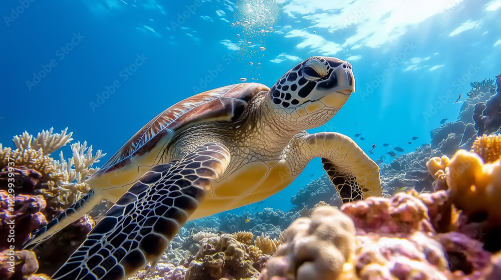 Obraz premium majestic sea turtle glides gracefully through vibrant coral reefs.