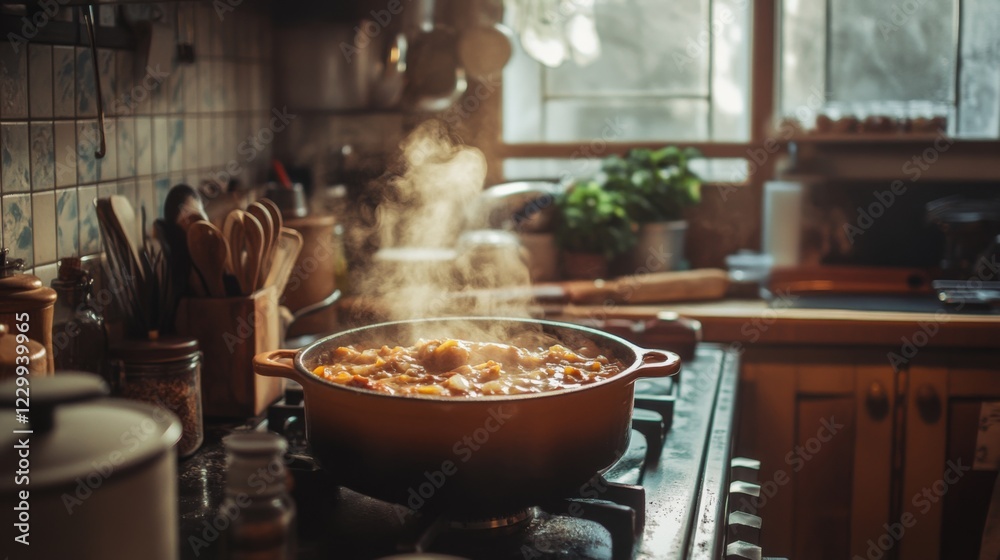 A cozy kitchen scene featuring a bubbling stew in a cast-iron pot on the stove, with aromatic herbs and spices arranged nearby, evoking warmth and comfort. A cozy kitchen scene featuring a bubbling stew in a cast-iron pot on the stove, with aromatic herbs and spices arranged nearby, evoking warmth and comfort.