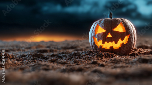 glowing jack o lantern sits on dark, sandy surface, Halloween vibes photo